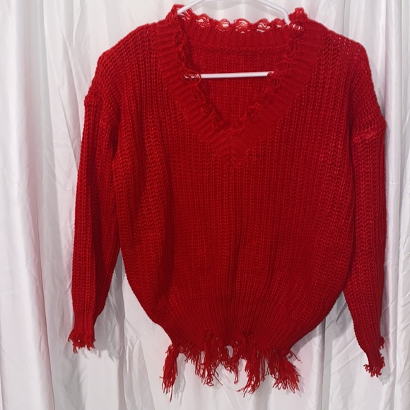 Sweaters Red Knit Sweater Cozy Sweater With V Neck And Ragged